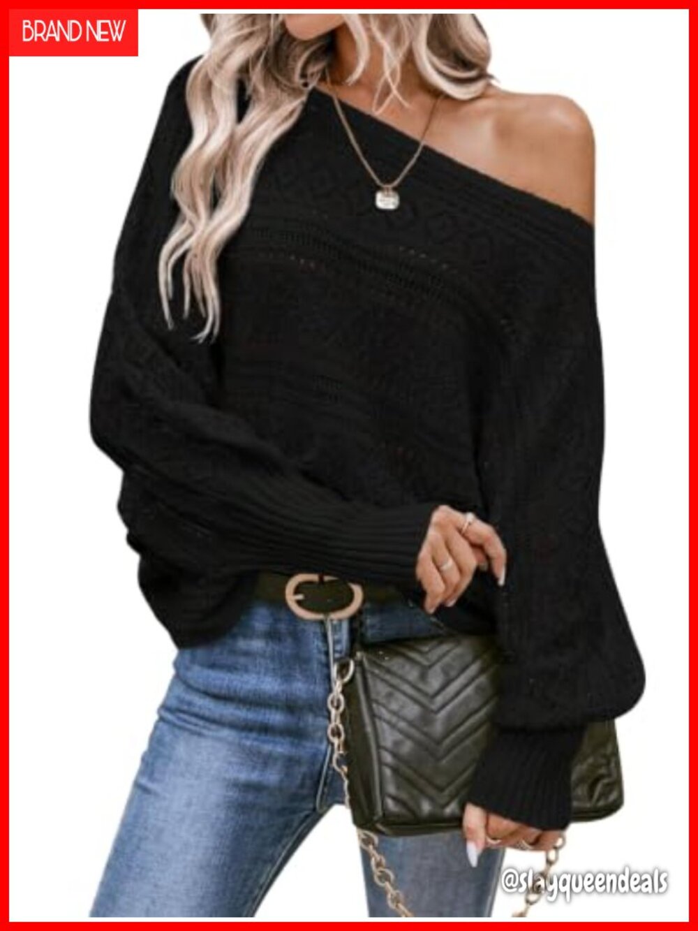 Womens Off Shoulder Oversized Crochet Knit Pullover Sweater Batwing Sleeve